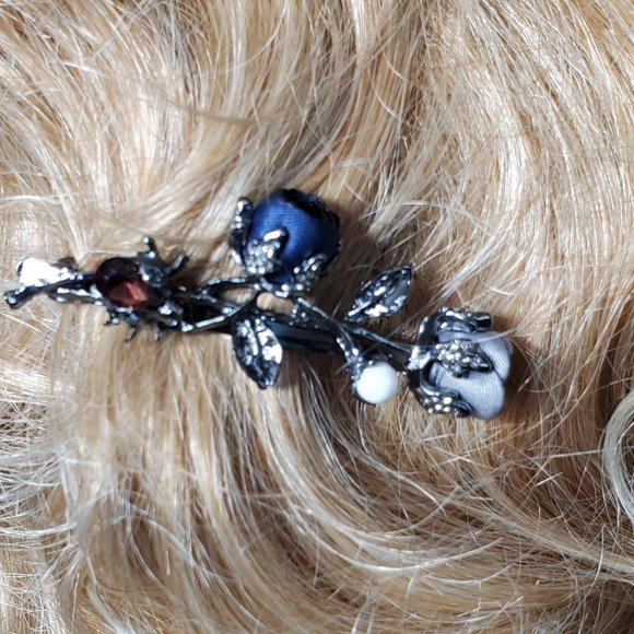 Dark Blue & Gray-Blue Silk Petite Roses Barrette - Pearl - Garnet… - Picture 6 of 10